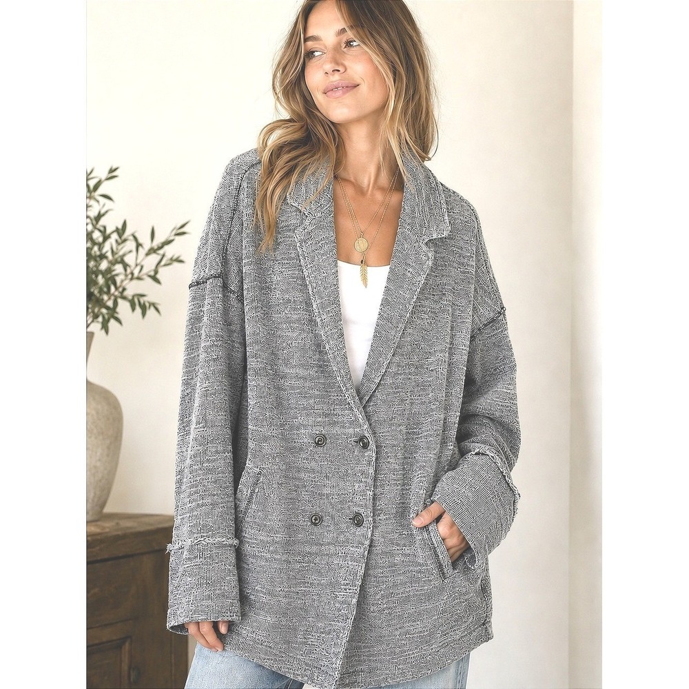 Free People Gray Knit Oversized SizeLarge Blazer Cardigan Extra Long Boho Chic